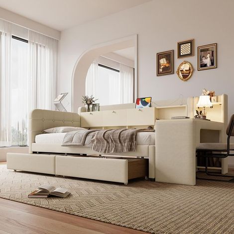 Méridienne convertible 90x200 beige avec bureau modulable, 2 tiroirs et rangement (chanvre/MDF)