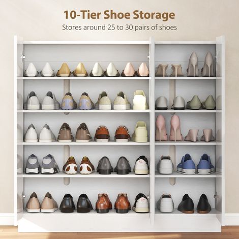 Meuble de rangement pour chaussures 10 niveaux, capacité 25-30 paires, avec aération, portes à fermeture douce, en bois blanc