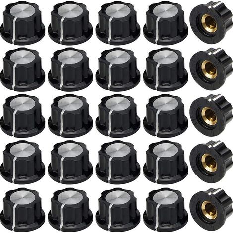 Lot de 25 Boutons de Controle de Potentiometre, Bouton de Potentiomètre 6mm, Noir Insert Boutons de Contrôle du Volume Ou Tone pour Guitare Électrique Remplacement Pièces (1/5)