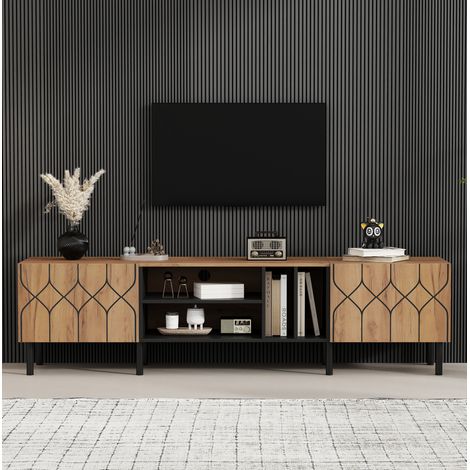 Meuble TV 180x40x50 cm avec 2 portes et 4 niches, bois naturel et noir, pour 70 pouces (1/5)