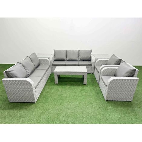 Fimous PE Rattan High Back Lounge Sofa Set Patio Oblong Coffee Table & Chairs Set with 3 Seater Sofa Reclining Chair 2 Side Table Light Grey (1/4)