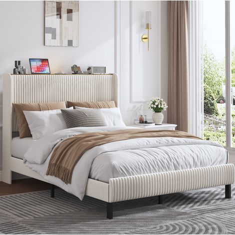 DESVIAE Lit plateforme capitonné 140 x 200 cm en velours côtelé beige et crème avec tête de lit à ailes structure métallique stable et montage rapide (1/4)
