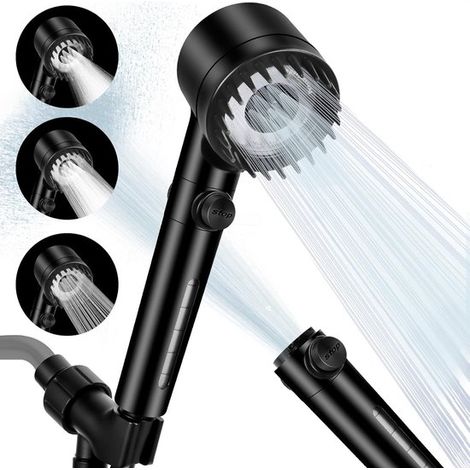 Duschkopf Hochdruck mit Handbrause Filterduschkopf zur Enthärtung von hartem Wasser Kopfhautmassage zur Pflege von Haut und Haar 3-fach schwarz (1/5)
