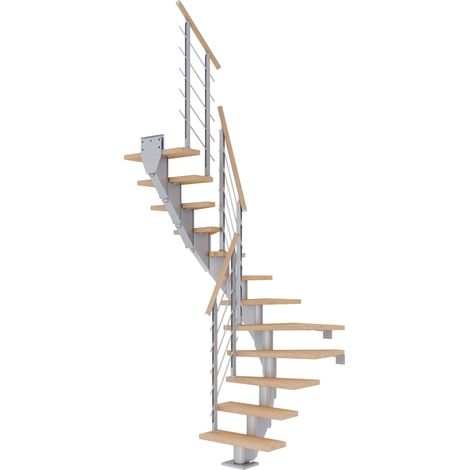 Dolle Mittelholmtreppe Frankfurt 1/2 gewendelt Eiche weiß, geölt 65 cm breit für GH 259 – 301 cm UK Metall Perlgrau mit Geländer
