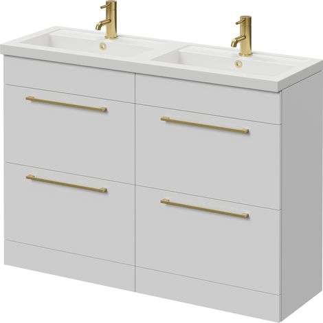 Napoli 390 Gloss White 1200mm 4 Drawer Vanity Unit with Double Lucia Basins - 1200mm - Brushed Brass 320mm Handle