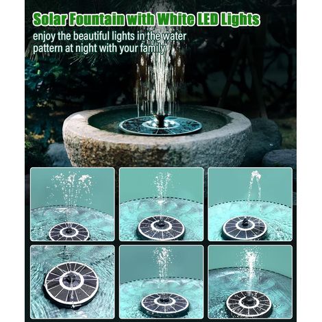 Fontaine Solaire, Solaire Flottant Extérieur Fontaine 3.5W Pompe Bassin Solaire avec 8 Buses, LEDs Colorées et 2200mAh Batterie, pour Bain d'oiseaux Étang Patio Fontaine Décoration de Jardin