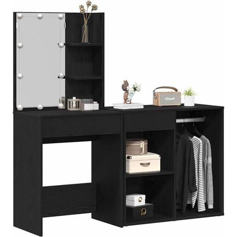 Table de Maquillage avec Miroir LED, Coiffeuse avec Tabouret et Rangement, Bureau de Beauté en Bois de Chêne Noir, Style Moderne pour Chambre (1/5)