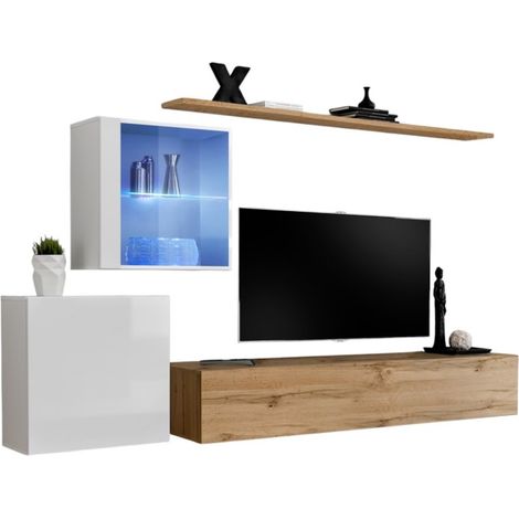 Wandkombination SWITCH XV – TV-Möbel, hängende Würfel und Regal – Wotan Eiche und Hochglanz Weiß – Modernes Design (1/2)