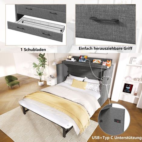 Lit escamotable en lin - 140x200 cm - Gris - Ports USB et Type-C - Tiroir de rangement - Transformable en armoire (1/5)