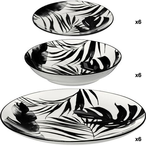 Set de vaisselle en porcelaine 18 pièces – 6 grandes assiettes 26,5 cm – 6 assiettes à petit-déjeuner 19 cm – Motif feuilles de palmier – Secret De Gourmet