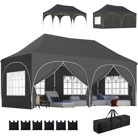 Tonnelle pliante barnum imperméable anti-UV 6 parois latérales 6 sacs de sable 12 trous de drainage 3x6m gris