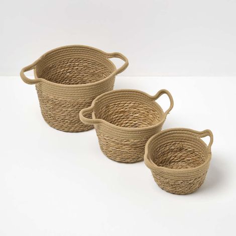HOMESCAPES Set of 3 Woven Storage Baskets, Natural Grass and Rope (1/5)