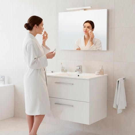 Mobile Mobiletto Bagno Sospeso Con 2 Cassettoni Soft Close Lavabo in Ceramica Monoforo Con Troppopieno E Specchio Con Led Da 30 Cm Design Moderno 80 x 45 x 57 Cm Colore Bianco  - Misura: Mobile Lavabo (1/5)