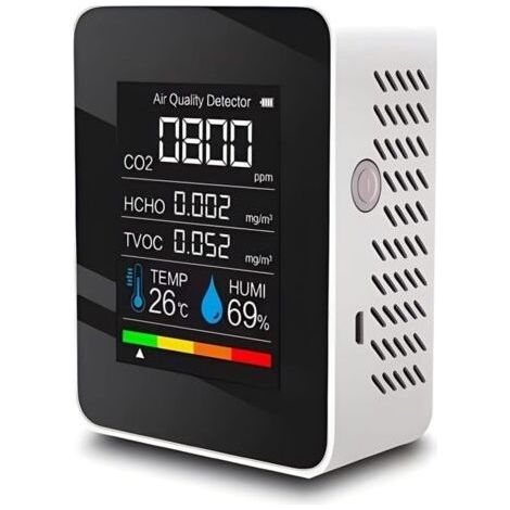 Dtecteur de dioxyde de Carbone 5 en 1 Dtecteur de qualit d\\'air intrieur CO2 Compteur numrique TVOC HCHO Moniteur de temprature et d\\'humidit Testeur de rtroclairage (blanc) (1/5)
