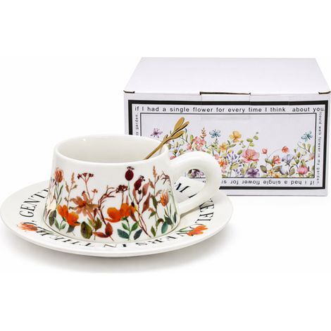 Taza jumbo de 300 ml con platillo Wildflowers + cuchara dorada (1/4)