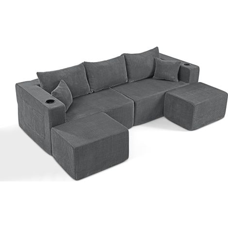 Sofá esquinero modular de 3 plazas gris con otomanas móviles y tejido de pana (1/5)