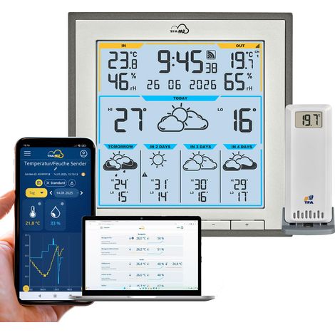 TFA Dostmann TFA.me ID-08 Estación meteorológica Wi-Fi 35.8105.10, Pronóstico del tiempo profesional por Wetter.com 5 días, portal en línea, sensor inalámbrico exterior, valores máximos-min, horas