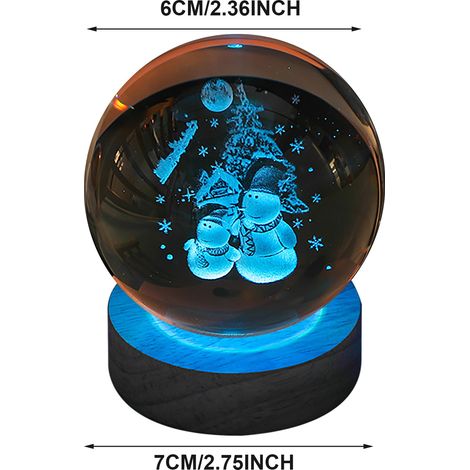 Lampe Boule Cristal 3D LED sur Socle Bois  Déco Lumineuse pour Salon/Bureau  6cm
