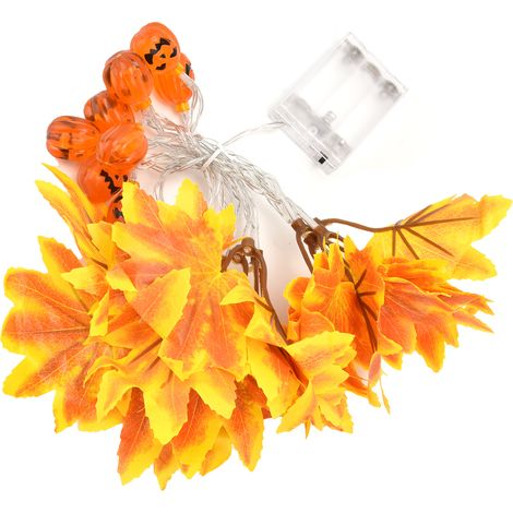 Guirlande lumineuse LED jaune à feuilles d'érable, motif citrouille grimaçante, 20 LED, pour Halloween (1/5)