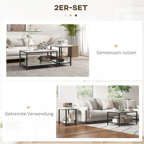Ensemble table basse et 2 tables d'appoint en acier, aspect marbre noir et blanc, pieds ajustables, design moderne (1/4)