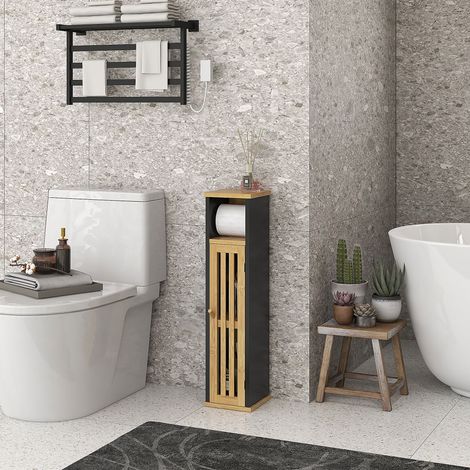 Meuble de salle de bain avec support papier toilette rangement avec barre amovible 2 Niveaux + Sortie MDF Bambou (1/4)