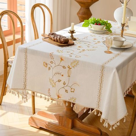 Nappe brodée, jaune et blanche, 140 x 180 cm, imperméable, motif Printemps champêtre (1/2)