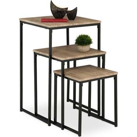 Relaxdays Beistelltisch 3er Set, stapelbar, Satztisch 3 Größen, quadratisch, Metall, Wohnzimmer, Dekotisch, grau/schwarz (1/5)