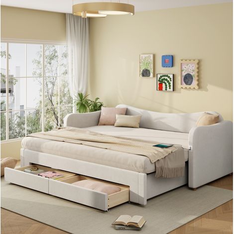 Bett Doppelbett ausziehbar Stauraum 90x200 Beige OKMYHOME (1/4)