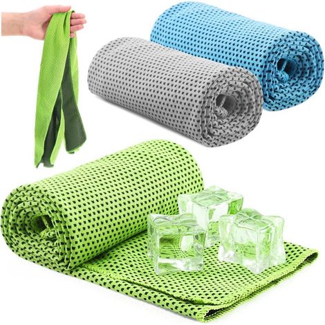 3 asciugamani rinfrescanti - Asciugamano rinfrescante per calore, affaticamento, sforzo, sport (3 tessuti diversi - blu/verde/grigio) (1/5)