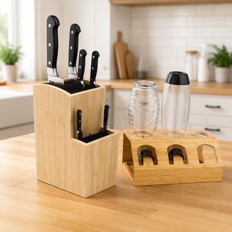Küchenorganizer-Set aus Bambus (2-teilig) – 2-stöckiger Messerblock & Abtropfgestell für 3 Flaschen (1/5)