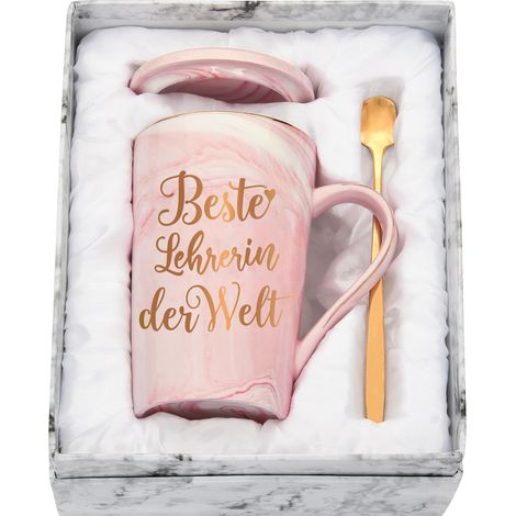 Tasse à café en marbre en céramique avec couvercle, cuillère et boîte cadeau, rose (1/5)