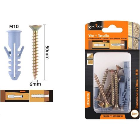 Set 8 Pièces Vis Vis 6 X 50 Mm + Chevilles Avec Ailettes Chevilles M10 Fischer 57197 (1/2)