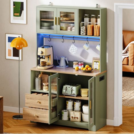 Buffet haut de cuisine 110x40x178 cm avec LED RGB, prises AC et USB, vitrine 4 portes, MDF antique - vert (1/5)