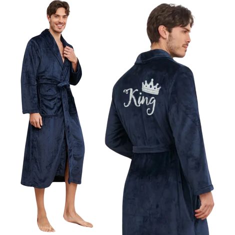 Bata de ba帽o para hombre con bordado King, azul marino, talla L/XL [SZLAFROK2] (1/5)