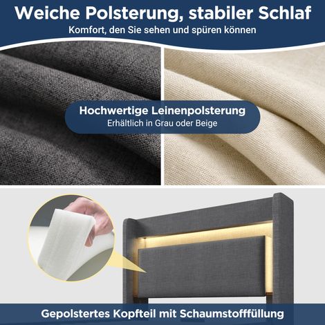 Lit capitonné 90x200 cm, coffre de rangement hydraulique, tête de lit avec niches, éclairage LED, ports USB et USB-C, sommier à lattes bois, gris lin, sans matelas (1/5)