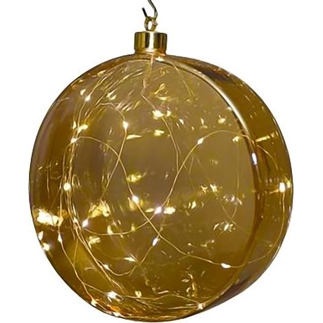 LED Glas Disc 12 cm warm weiß beleuchtet - transparent gold - Weihnachtsdeko Kugel Batterie betrieben mit Timer - Weihnachten Advent Deko Beleuchtung Stimmungslicht