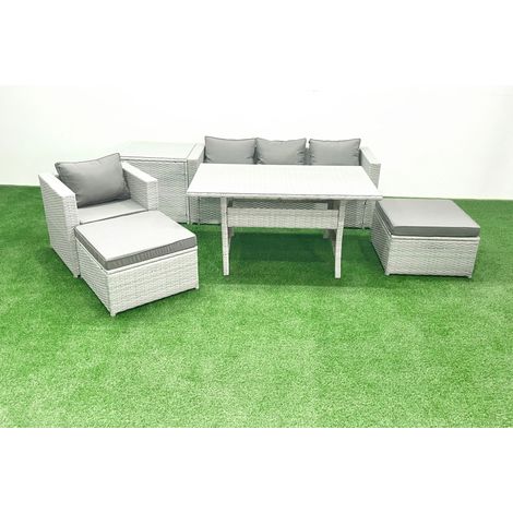 Fimous Polyrattan Gartenmöbel-Set Outdoor 6 Sitzer mit Glasplatte Esstisch und Beistelltisch Hellgrau gemischt (1/5)