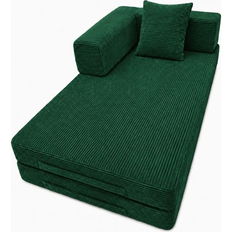 Sofá cama plegable de suelo en pana verde oscuro con cojines y reposabrazos (1/5)