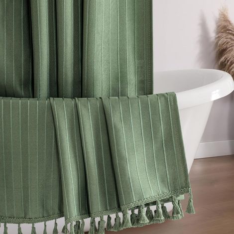 Rideau de Douche Vert 183 x 198 cm de Long, texturé à Rayures Verticales, Infroissable, bohème, Minimaliste, Unisexe, pour Salle de Bain (1/5)
