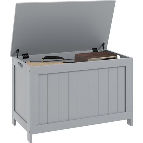 Storage Chest, Modern Storage Trunk with 2 Safety Hinges and Cut-out Handles, Wooden Toy Box for Living Room, Entryway, 76 x 40 x 48 cm, Grey