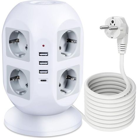 Multiprise avec Protection Contre Les surtensions 3000 W 13 A, multiprise avec 8 Prises, 3 USB et 1 USB C, Prise Multiple avec Rallonge Electrique 2M, Prise de Distribution Socket Tower (1/5)
