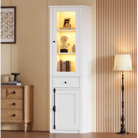 Vitrine 55x40x200 cm blanche en panneaux de particules et verre avec LED, 2 portes et 1 tiroir (1/5)