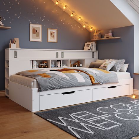 lit enfant rangement 140x190 avec tiroirs blanc OKMYHOME