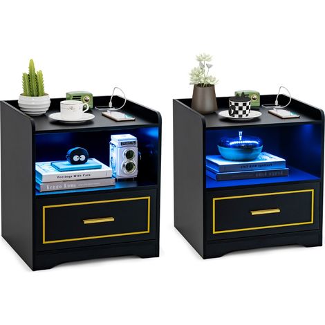 Set di 2 comodini a LED con 2 porte USB ripiano aperto e cassetto, Tavolini vintagi da divano Nero (1/4)