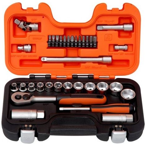 Bahco – Coffret cliquet et douilles 34 pièces – 12 douilles 6 pans 1/4' et 3/8' – Cliquet 60 dents avec dégagement rapide – Alliage d'acier haute performance