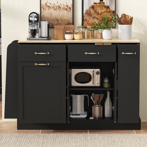 Buffet de cuisine moderne noir avec compartiment poubelle étagère à épices tiroirs variés plan bois grand rangement salon maison