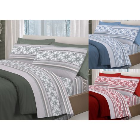 Completo Lenzuola Pensieri Delicati 100% Cotone Disegno Norvegia, misuraMatrimonialecoloreBlu