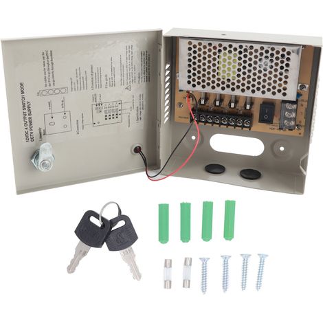 Fuente de alimentación para sistema de videovigilancia de 4 canales y 12 V con fusible de 3 A, carcasa metálica con cierre, 110 V/220 V. (1/5)