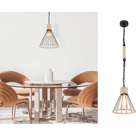 Pendelleuchte HALIA Drahtlampe Metall Schwarz mit Hanfseil, Ø 35cm