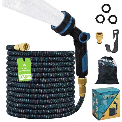 Tuyau Jardin Extensible 37,5 m, Rétractable x3, Pistolet 10 Jets De 12,5 à 37,5 m latex 3 couches, gaine tressée haute densité et raccords métal 1/2" et 3/4" pour grand jardin et terrasse. (1/5)